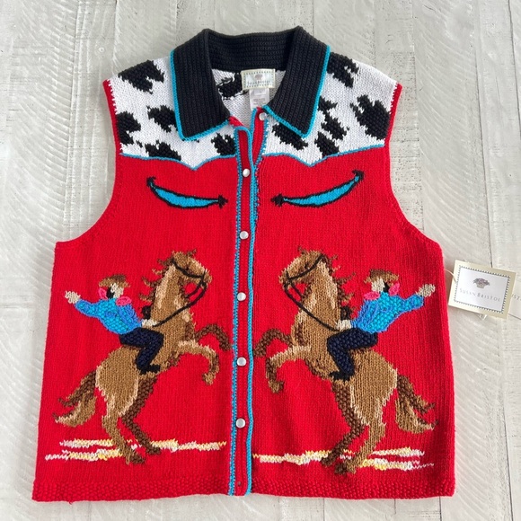 Vintage Deadstock Hand Knit Western Sweater Vest Rodeo Red Womens NWT Large - Picture 1 of 8
